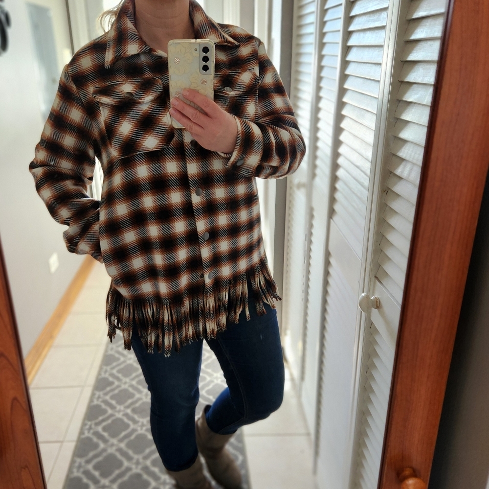 Oversized Time and Tru Women's Plaid Fringe Shacket Size XS
